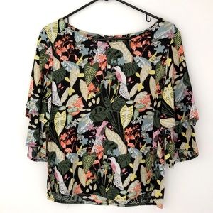 Viscose Bird Top Ruffle Sleeves Print Pattern Soft Jungle Leaves